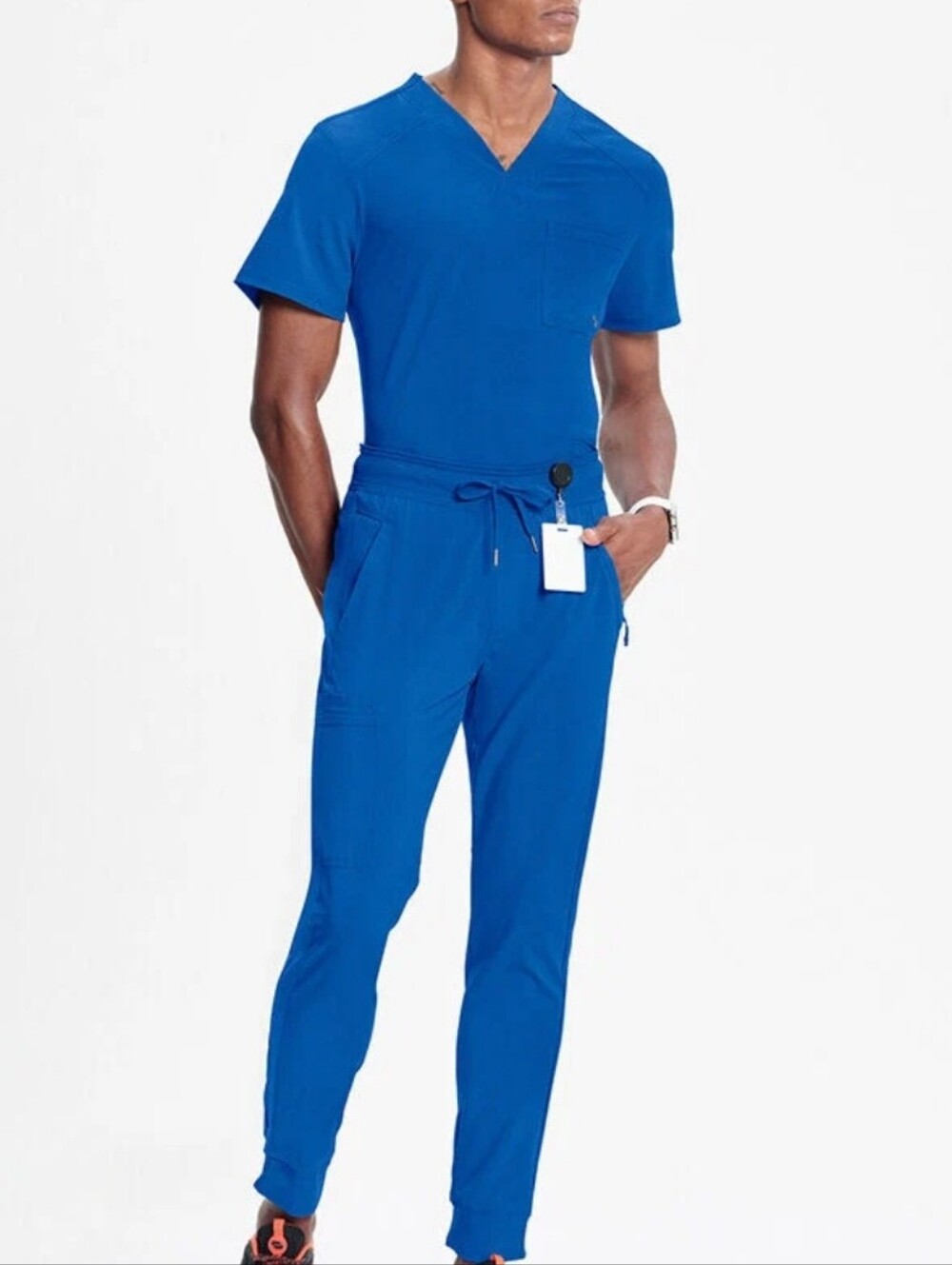 NEW Cherokee Men's V-Neck Scrub Top Mid Rise Jogger Scrub Pant Set Royal NWOT L